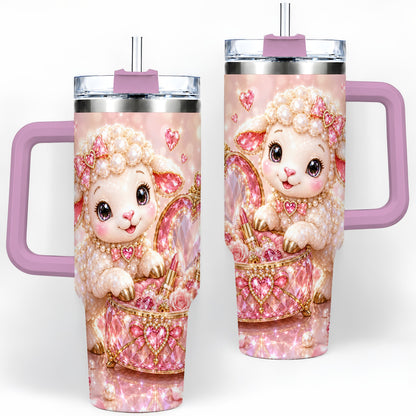 #pl[40oz|Pink] Pink Jeweled Lamb Vanity 40oz Tumbler with Heart Bow Pearl Artwork