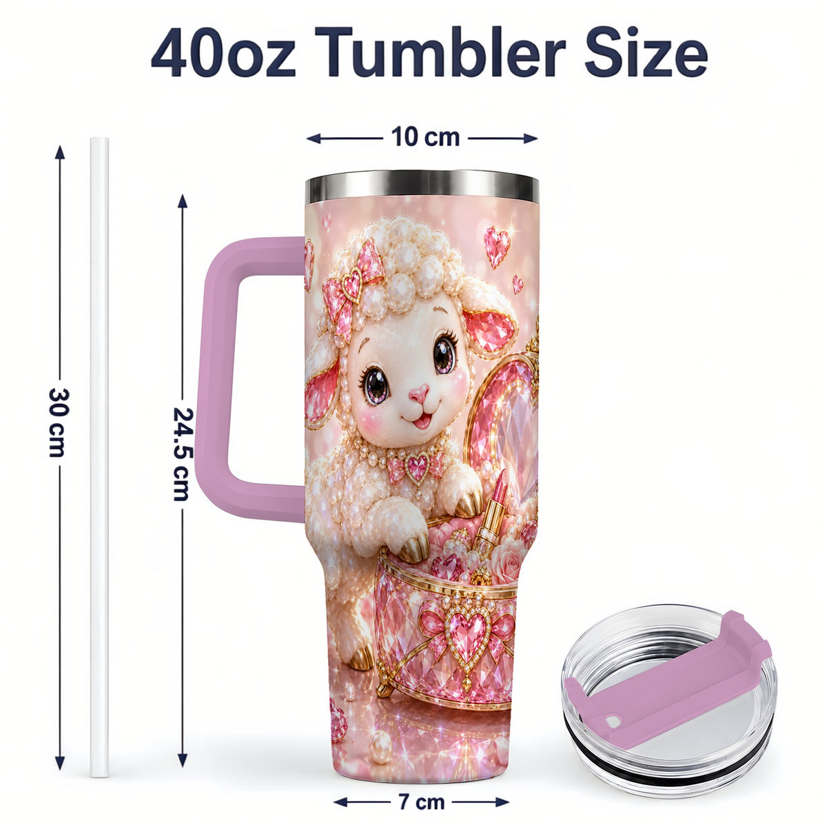 #pl[40oz|Pink] Pink Jeweled Lamb Vanity 40oz Tumbler with Heart Bow Pearl Artwork