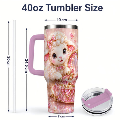 #pl[40oz|Pink] Pink Jeweled Lamb Vanity 40oz Tumbler with Heart Bow Pearl Artwork