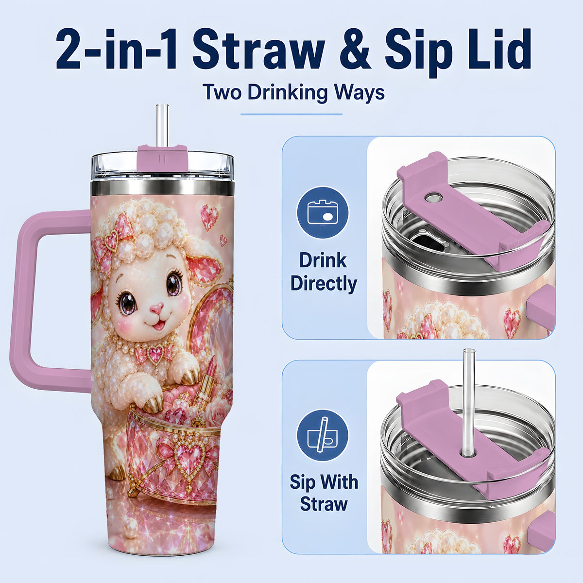 #pl[40oz|Pink] Pink Jeweled Lamb Vanity 40oz Tumbler with Heart Bow Pearl Artwork