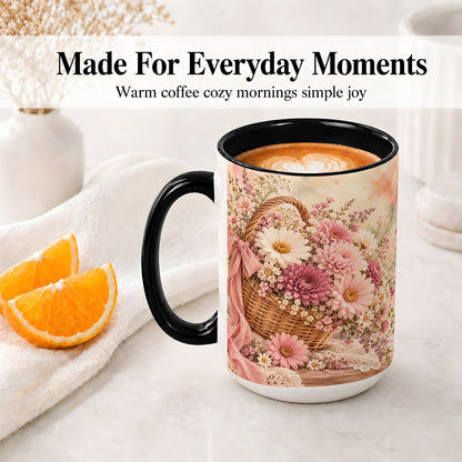 #pl[15oz|Black] Pink Flower Basket Ceramic Mug for Flower Lovers