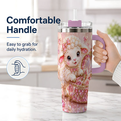 #pl[40oz|Pink] Pink Jeweled Lamb Vanity 40oz Tumbler with Heart Bow Pearl Artwork