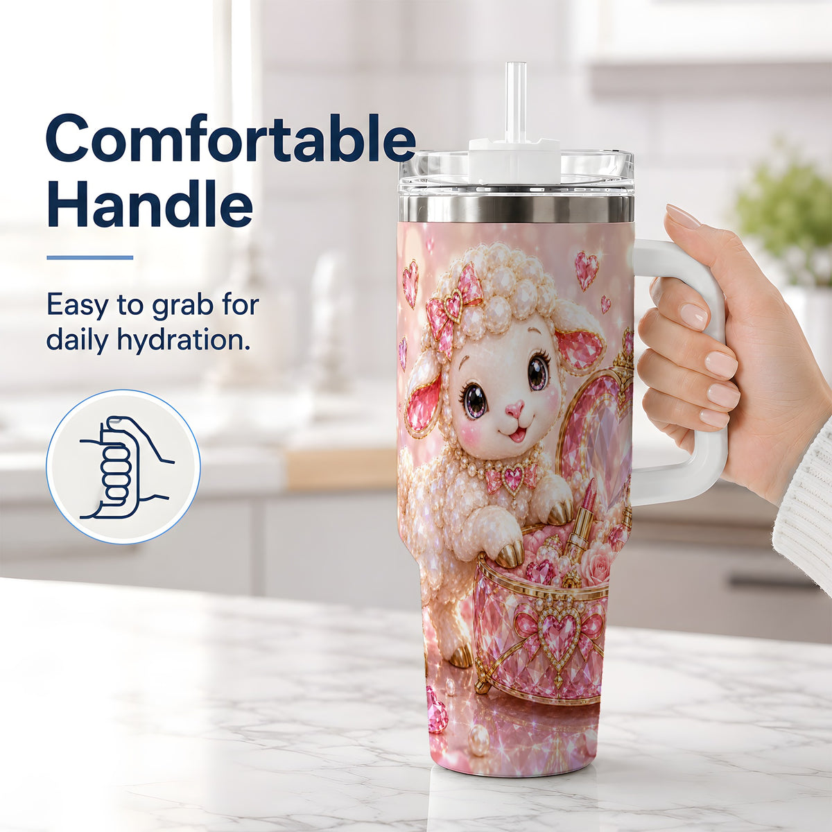 #pl[40oz|White] Pink Jeweled Lamb Vanity 40oz Tumbler with Heart Bow Pearl Artwork