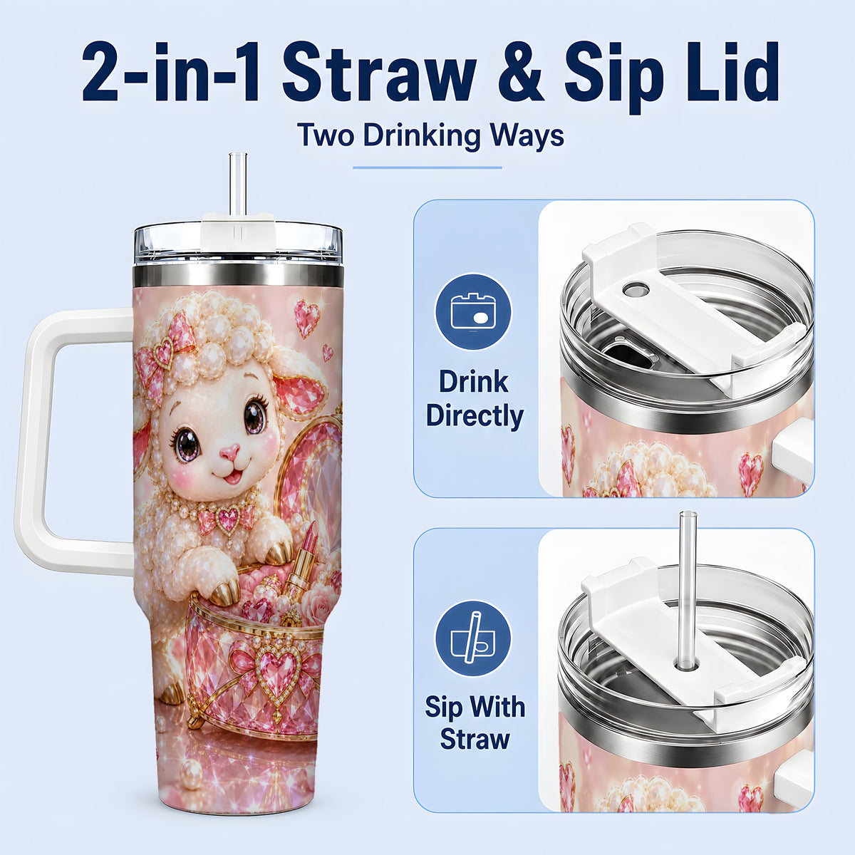 #pl[40oz|White] Pink Jeweled Lamb Vanity 40oz Tumbler with Heart Bow Pearl Artwork