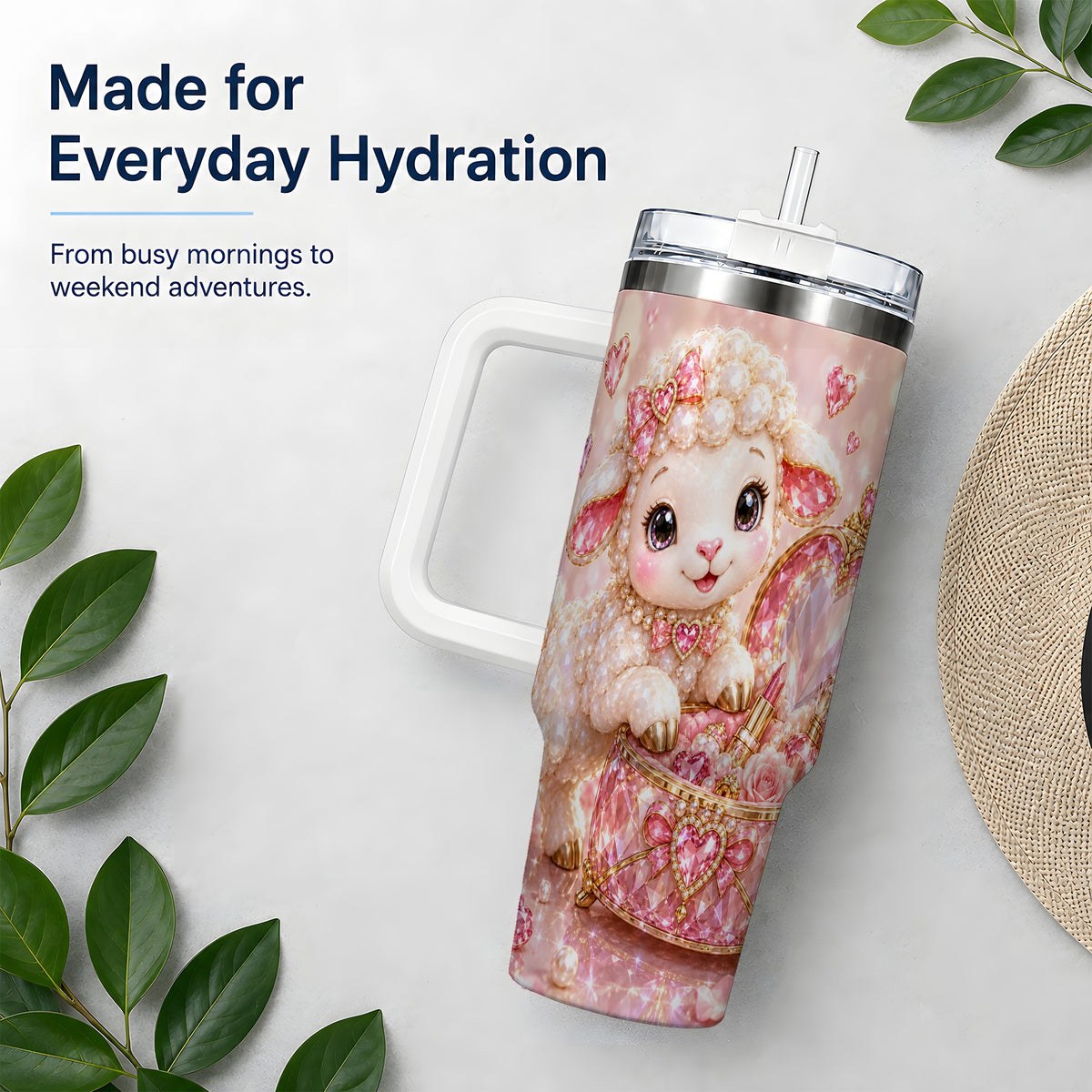 Pink Jeweled Lamb Vanity 40oz Tumbler with Heart Bow Pearl Artwork
