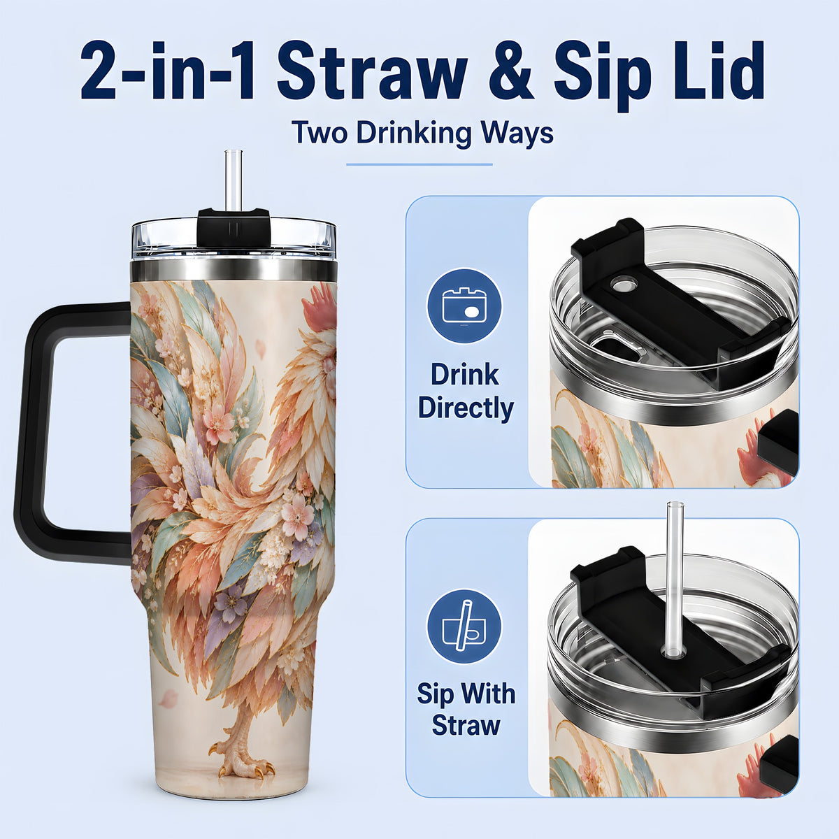 #pl[40oz|Black] Pastel Floral Rooster 40oz Tumbler with Botanical Feather Artwork