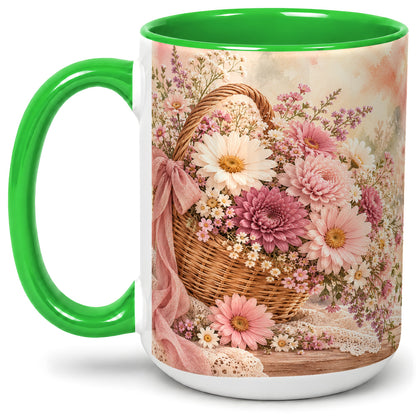 #pl[15oz|Green] Pink Flower Basket Ceramic Mug for Flower Lovers