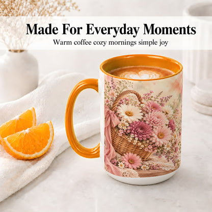 #pl[15oz|Orange] Pink Flower Basket Ceramic Mug for Flower Lovers