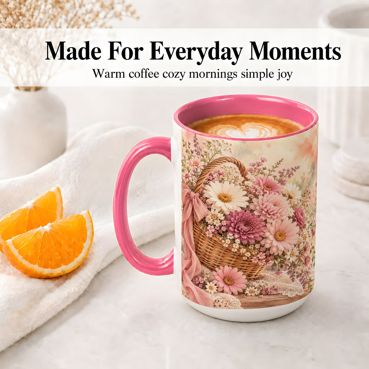 #pl[15oz|Pink] Pink Flower Basket Ceramic Mug for Flower Lovers