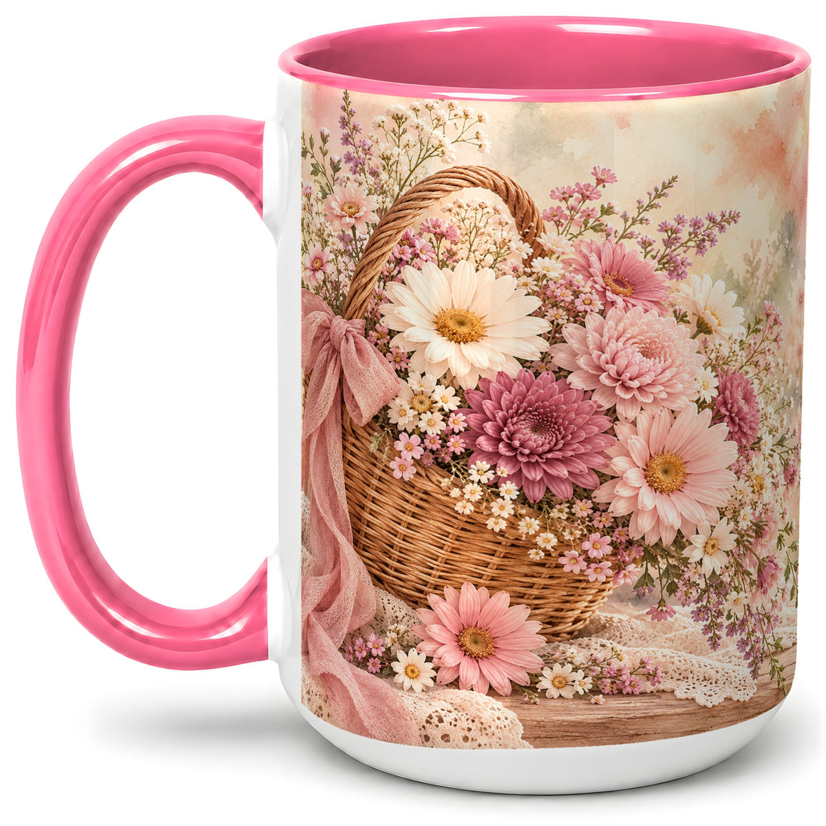 #pl[15oz|Pink] Pink Flower Basket Ceramic Mug for Flower Lovers