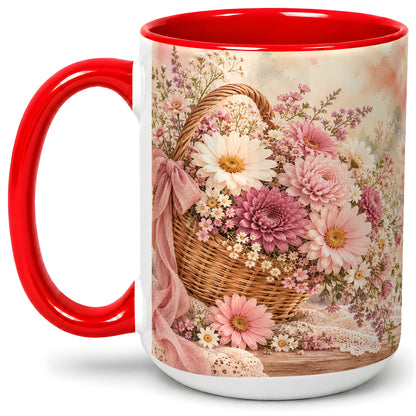 #pl[15oz|Red] Pink Flower Basket Ceramic Mug for Flower Lovers