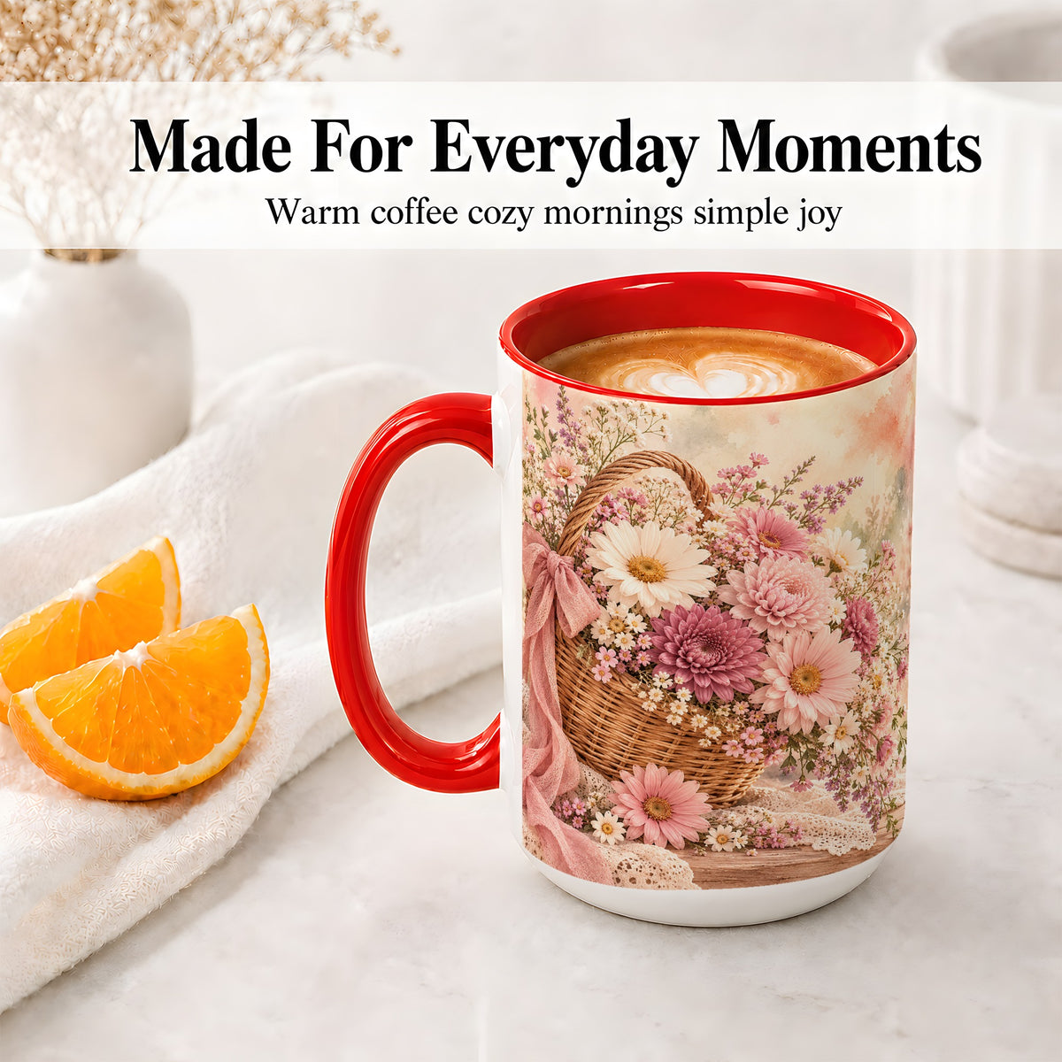 #pl[15oz|Red] Pink Flower Basket Ceramic Mug for Flower Lovers