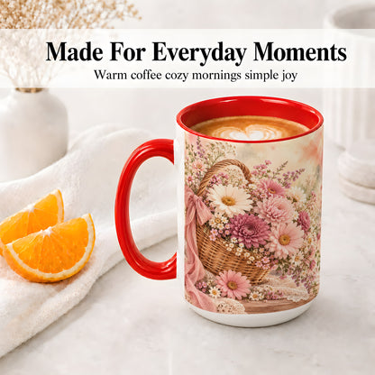 #pl[15oz|Red] Pink Flower Basket Ceramic Mug for Flower Lovers
