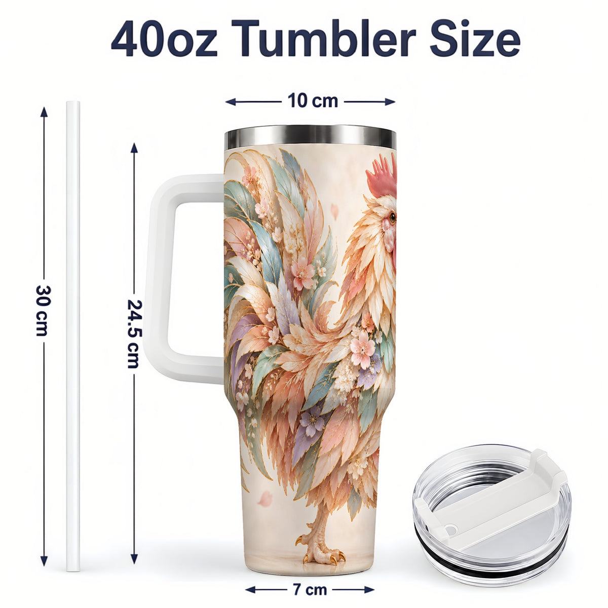 #pl[40oz|White] Pastel Floral Rooster 40oz Tumbler with Botanical Feather Artwork