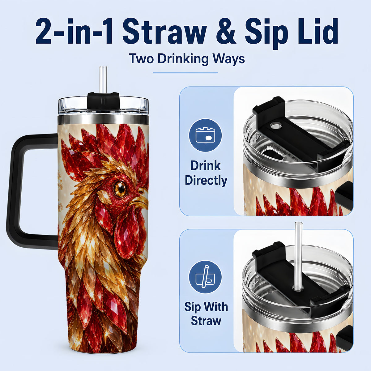 #pl[40oz|Black] Red Jewel Rooster Golden Feather 40oz Tumbler Artwork for Rooster Lovers