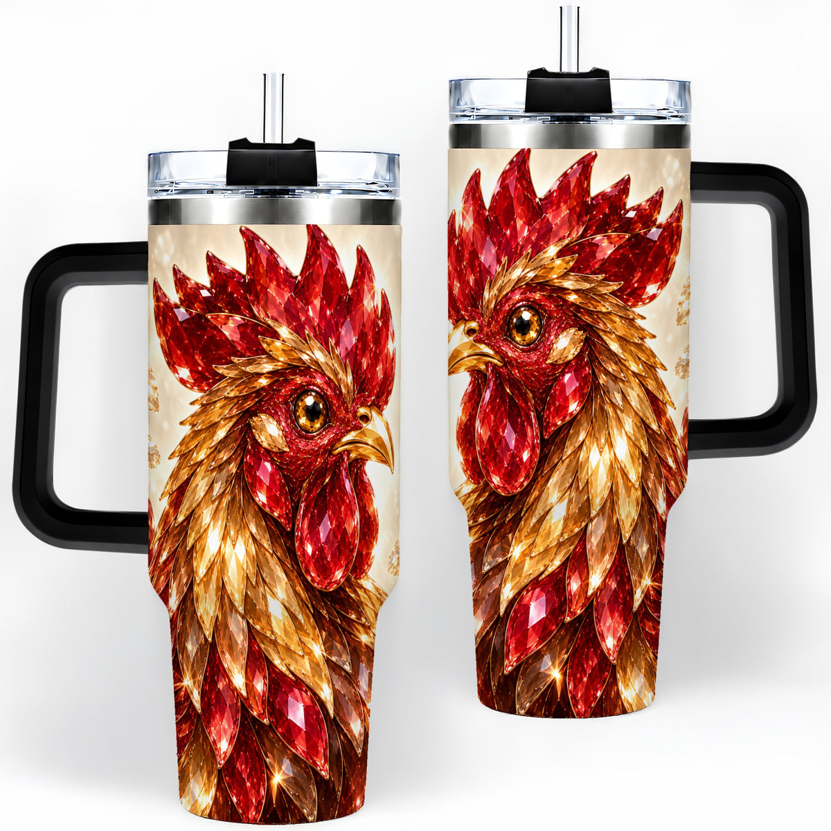 #pl[40oz|Black] Red Jewel Rooster Golden Feather 40oz Tumbler Artwork for Rooster Lovers