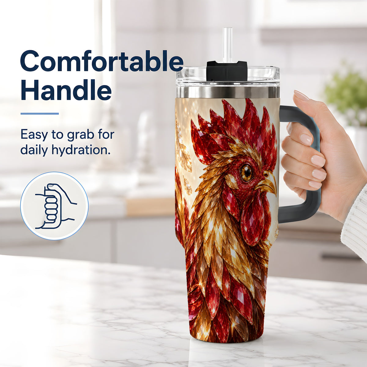 #pl[40oz|Black] Red Jewel Rooster Golden Feather 40oz Tumbler Artwork for Rooster Lovers