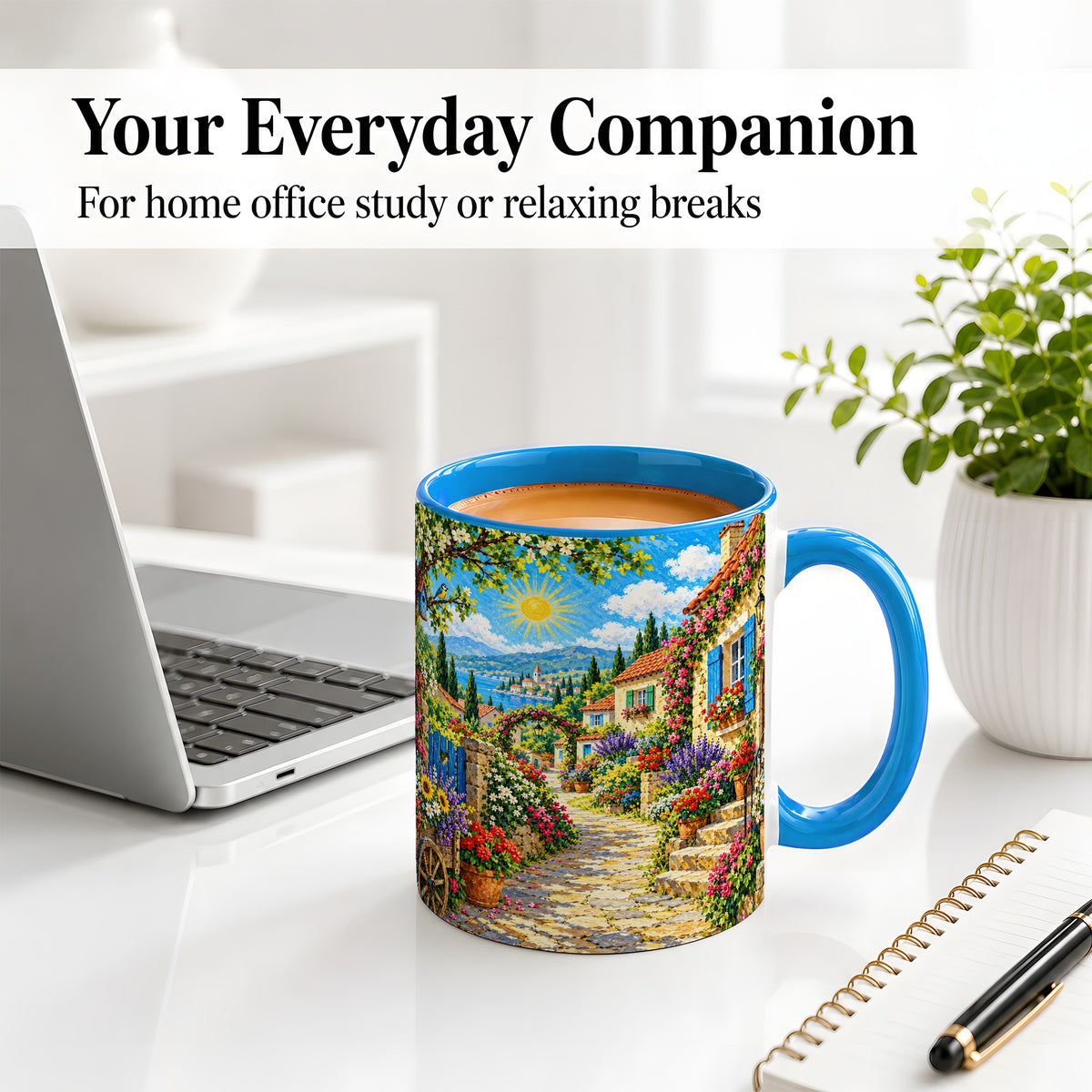 #pl[11oz|Blue] Coastal Village Garden Ceramic Mug for Travel Lovers