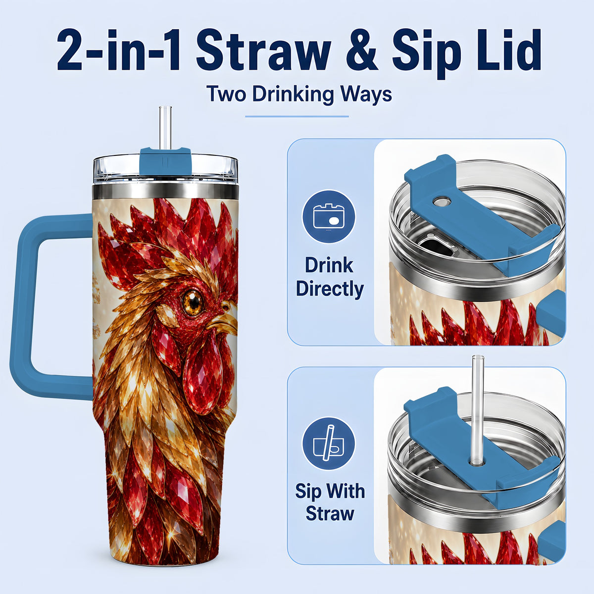 #pl[40oz|Blue] Red Jewel Rooster Golden Feather 40oz Tumbler Artwork for Rooster Lovers