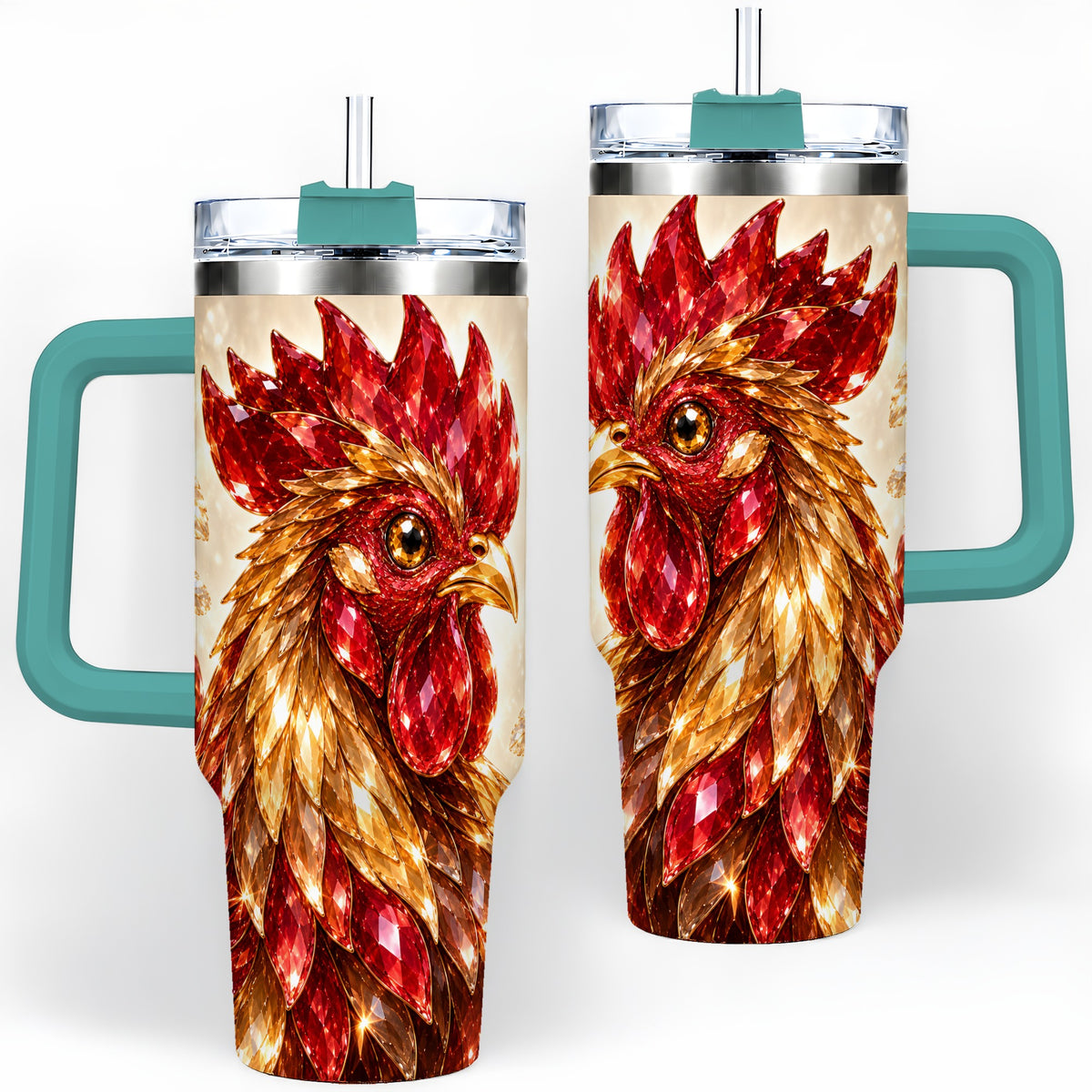 #pl[40oz|Green] Red Jewel Rooster Golden Feather 40oz Tumbler Artwork for Rooster Lovers