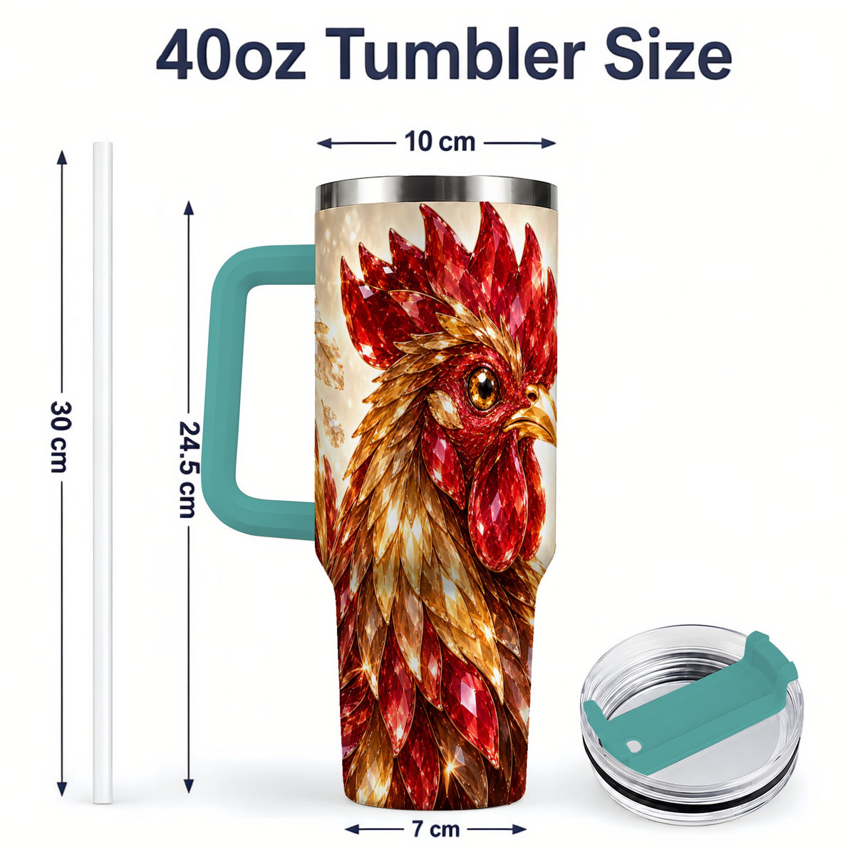 #pl[40oz|Green] Red Jewel Rooster Golden Feather 40oz Tumbler Artwork for Rooster Lovers