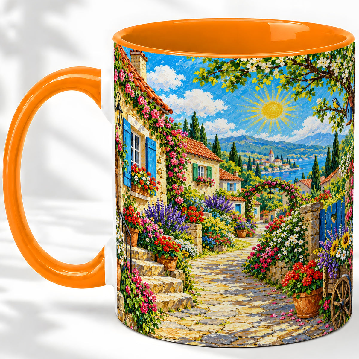 #pl[11oz|Orange] Coastal Village Garden Ceramic Mug for Travel Lovers