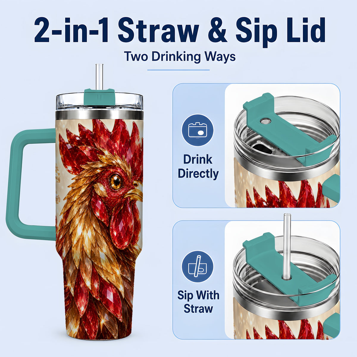 #pl[40oz|Green] Red Jewel Rooster Golden Feather 40oz Tumbler Artwork for Rooster Lovers