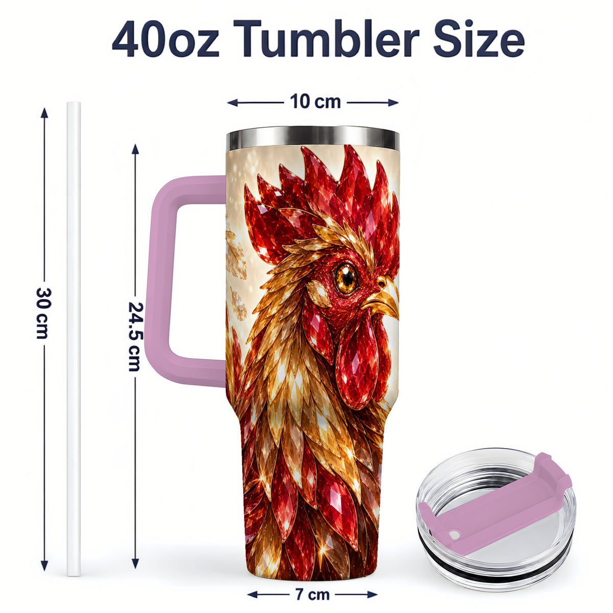 #pl[40oz|Pink] Red Jewel Rooster Golden Feather 40oz Tumbler Artwork for Rooster Lovers