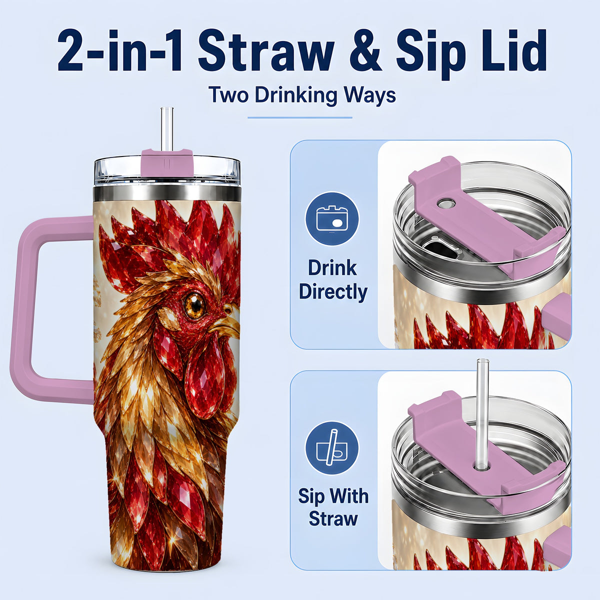 #pl[40oz|Pink] Red Jewel Rooster Golden Feather 40oz Tumbler Artwork for Rooster Lovers