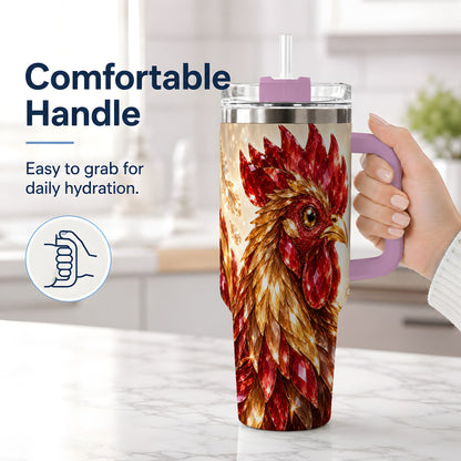 #pl[40oz|Pink] Red Jewel Rooster Golden Feather 40oz Tumbler Artwork for Rooster Lovers