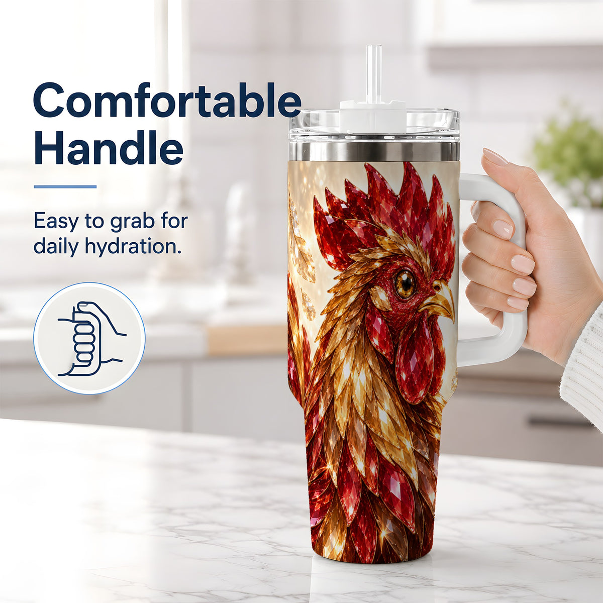 #pl[40oz|White] Red Jewel Rooster Golden Feather 40oz Tumbler Artwork for Rooster Lovers