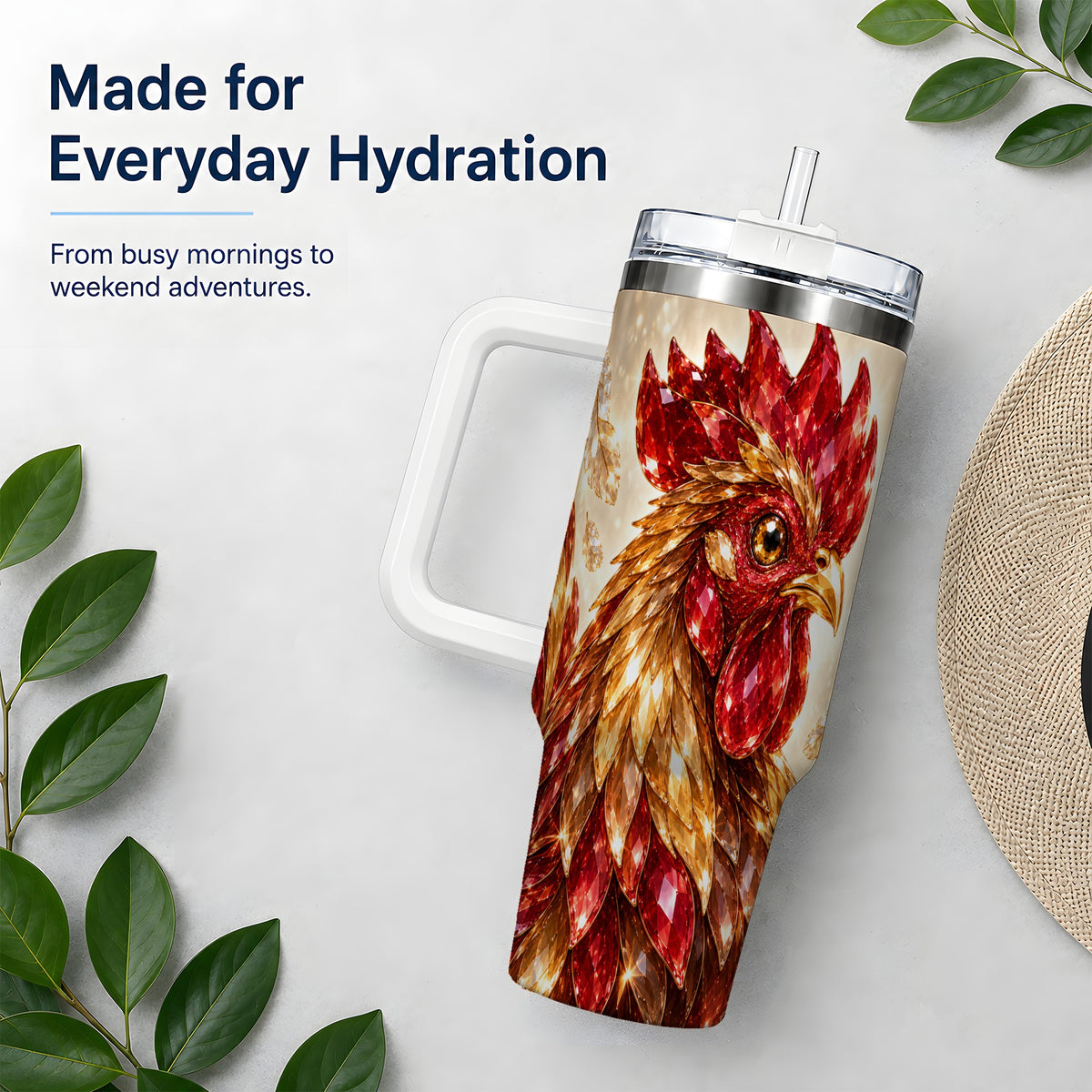 Red Jewel Rooster Golden Feather 40oz Tumbler Artwork for Rooster Lovers