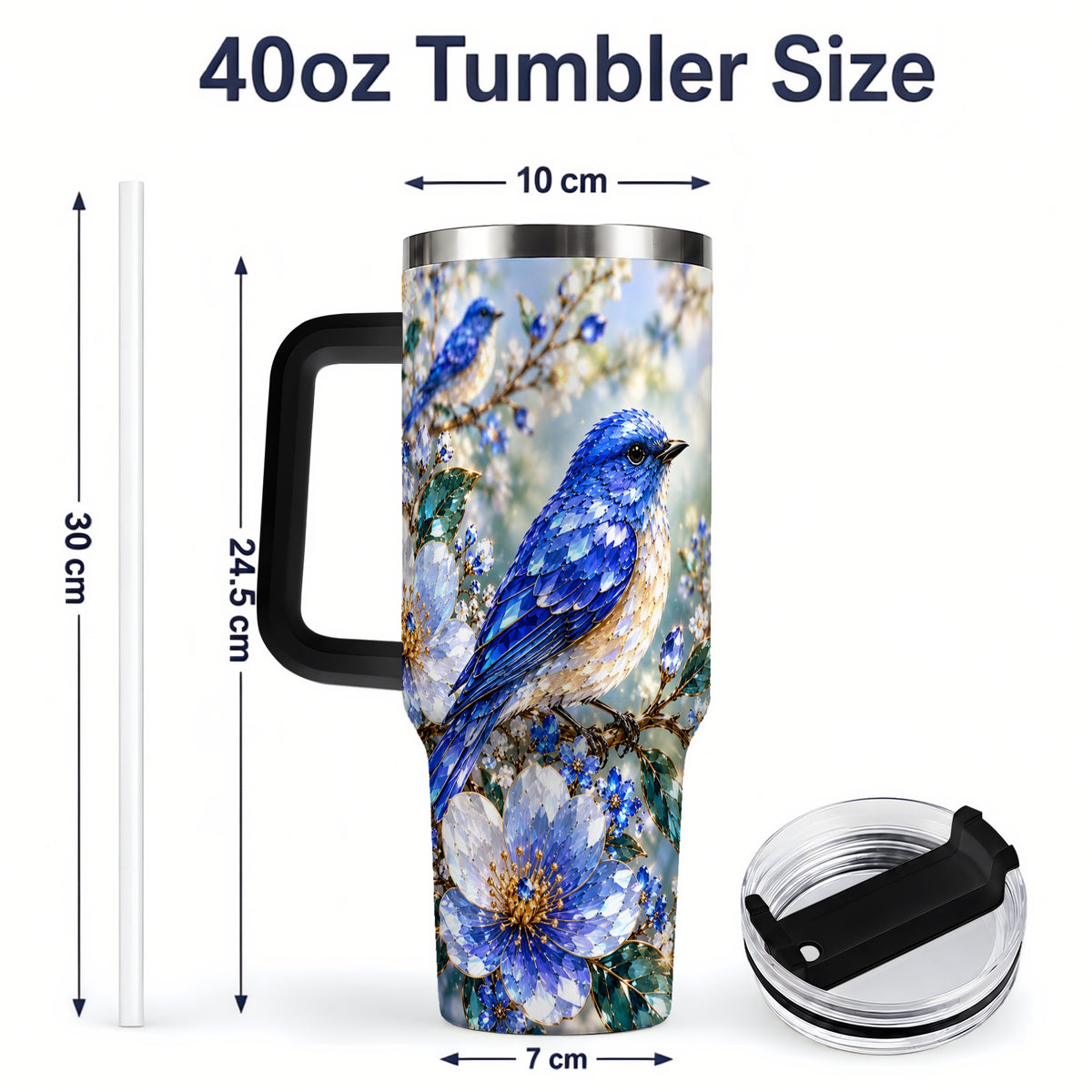 #pl[40oz|Black] Blue Bird Blossom Floral Garden 40oz Tumbler Artwork for Bird Lovers