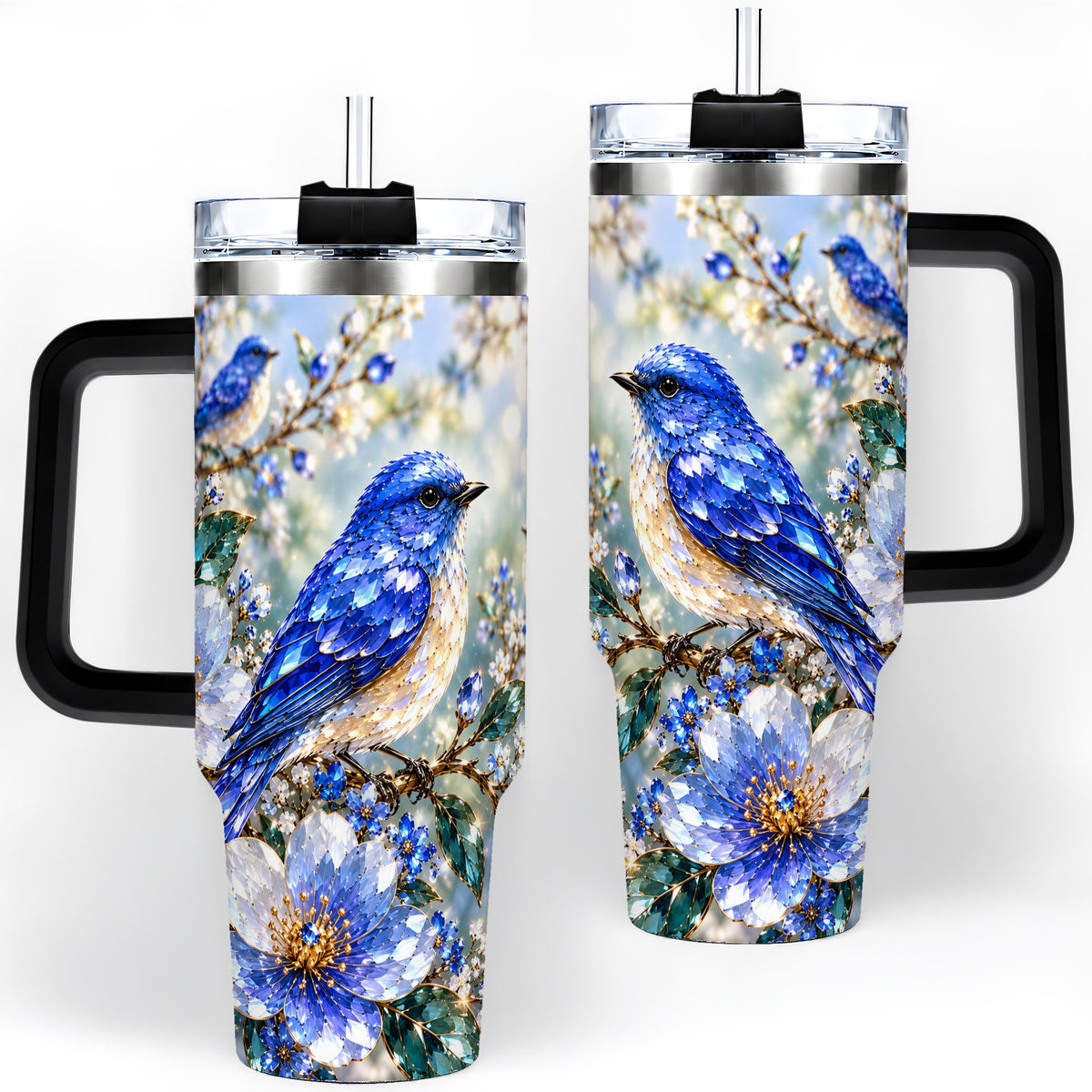 #pl[40oz|Black] Blue Bird Blossom Floral Garden 40oz Tumbler Artwork for Bird Lovers