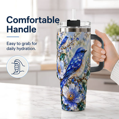 #pl[40oz|Black] Blue Bird Blossom Floral Garden 40oz Tumbler Artwork for Bird Lovers