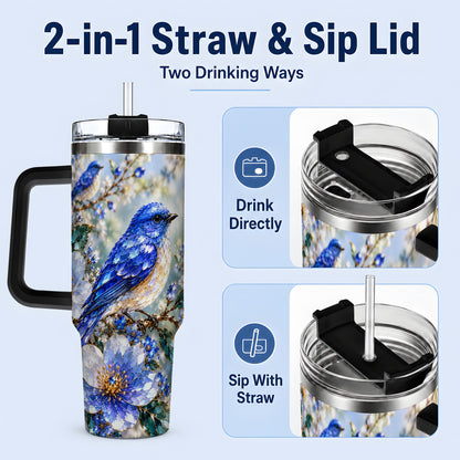 #pl[40oz|Black] Blue Bird Blossom Floral Garden 40oz Tumbler Artwork for Bird Lovers
