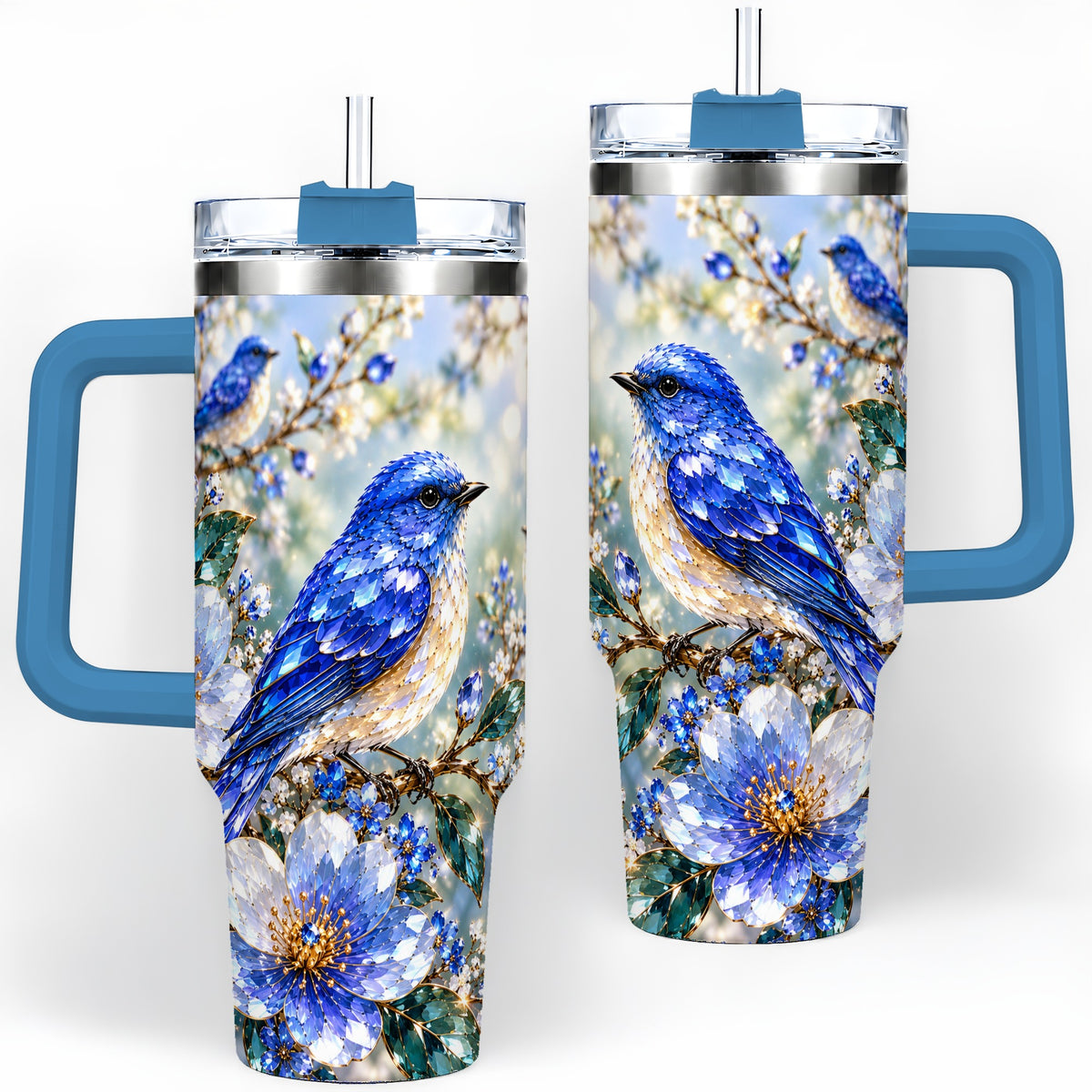 #pl[40oz|Blue] Blue Bird Blossom Floral Garden 40oz Tumbler Artwork for Bird Lovers
