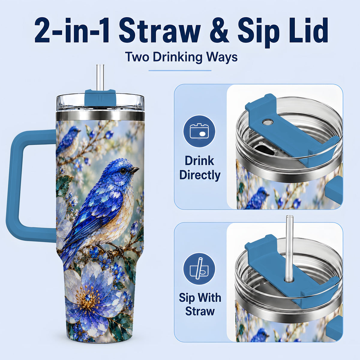 #pl[40oz|Blue] Blue Bird Blossom Floral Garden 40oz Tumbler Artwork for Bird Lovers