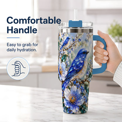 #pl[40oz|Blue] Blue Bird Blossom Floral Garden 40oz Tumbler Artwork for Bird Lovers