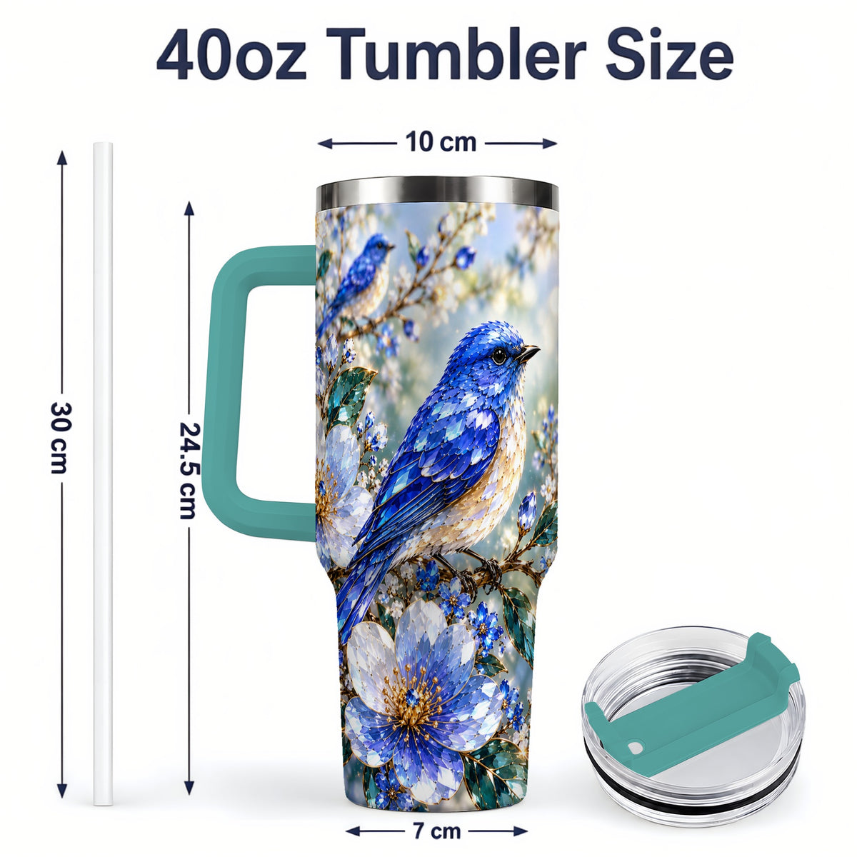 #pl[40oz|Green] Blue Bird Blossom Floral Garden 40oz Tumbler Artwork for Bird Lovers