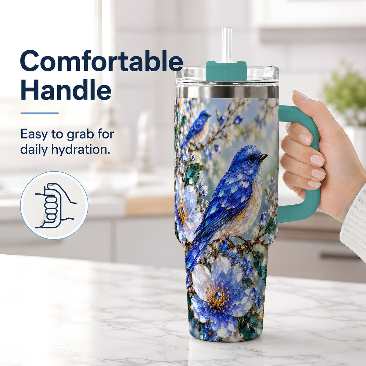 #pl[40oz|Green] Blue Bird Blossom Floral Garden 40oz Tumbler Artwork for Bird Lovers