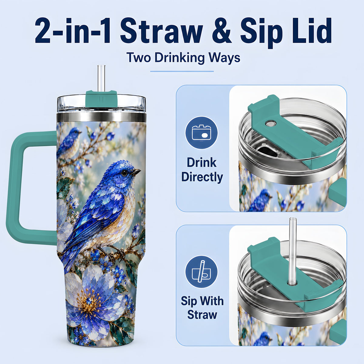 #pl[40oz|Green] Blue Bird Blossom Floral Garden 40oz Tumbler Artwork for Bird Lovers
