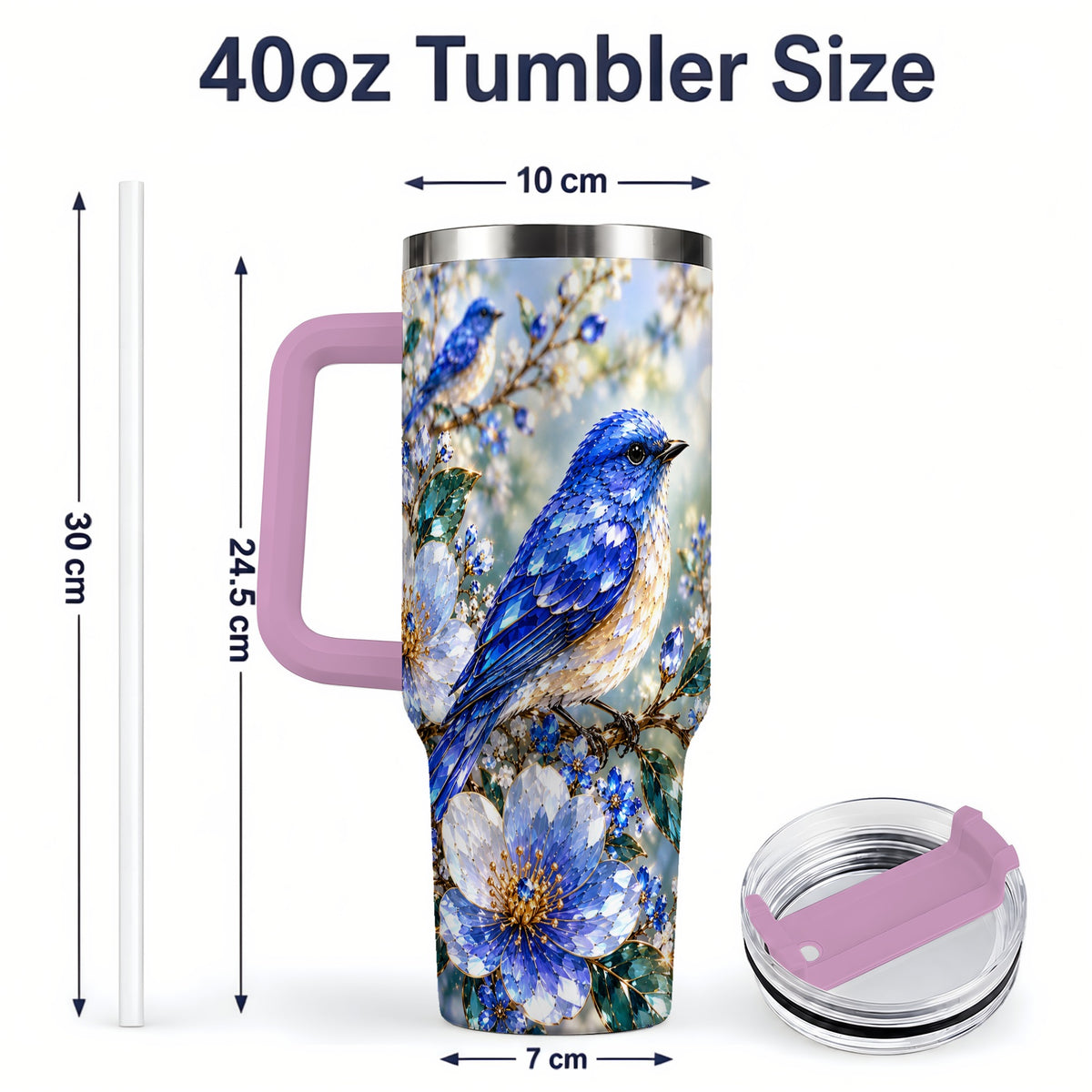 #pl[40oz|Pink] Blue Bird Blossom Floral Garden 40oz Tumbler Artwork for Bird Lovers