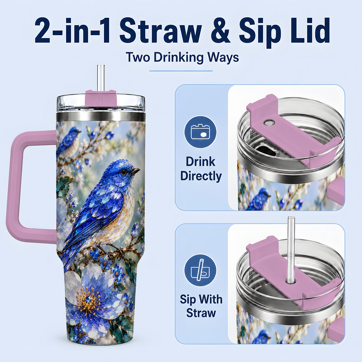 #pl[40oz|Pink] Blue Bird Blossom Floral Garden 40oz Tumbler Artwork for Bird Lovers