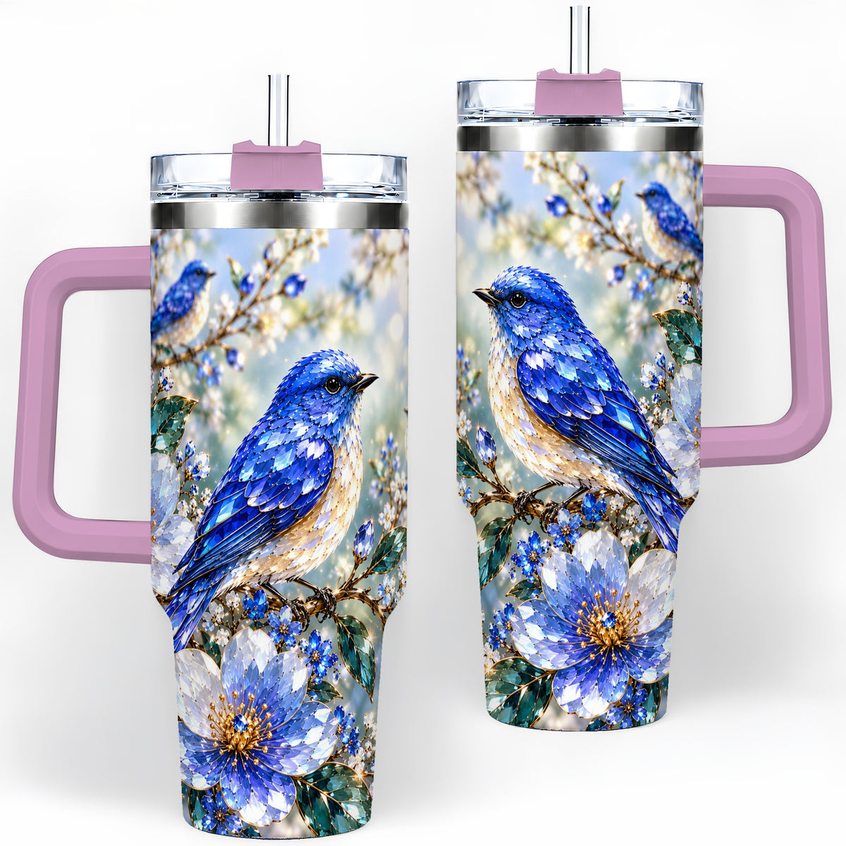#pl[40oz|Pink] Blue Bird Blossom Floral Garden 40oz Tumbler Artwork for Bird Lovers