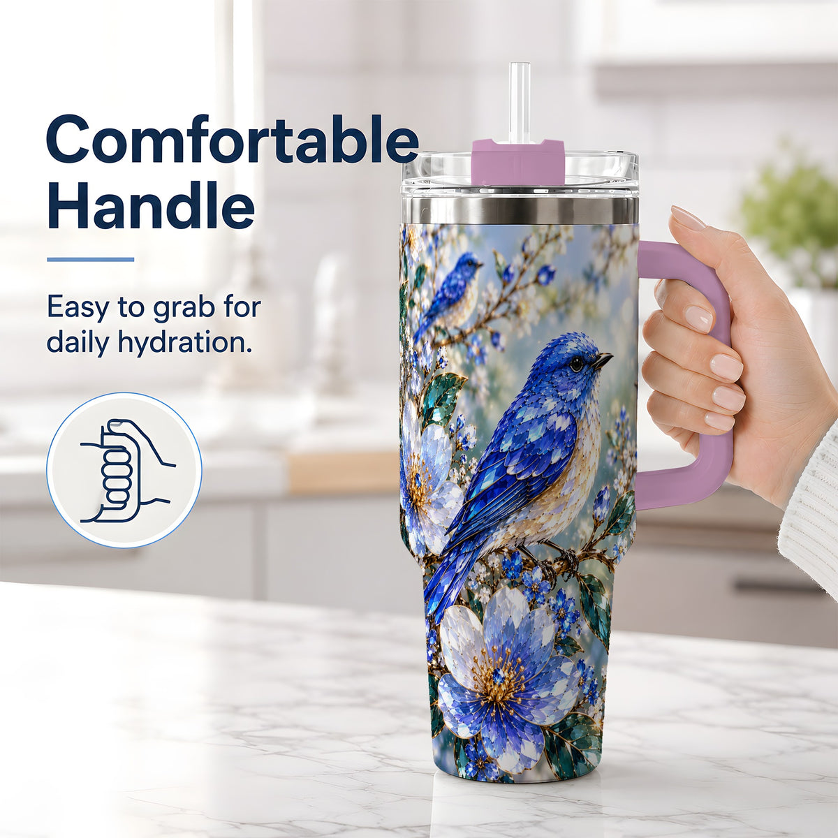 #pl[40oz|Pink] Blue Bird Blossom Floral Garden 40oz Tumbler Artwork for Bird Lovers
