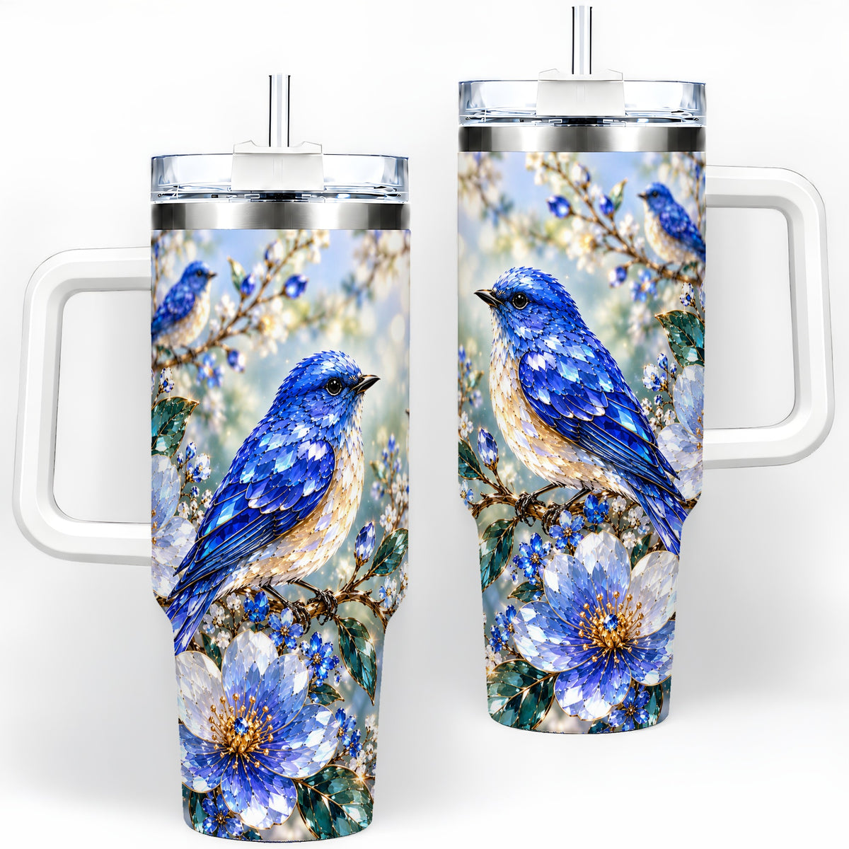 Blue Bird Blossom Floral Garden 40oz Tumbler Artwork for Bird Lovers