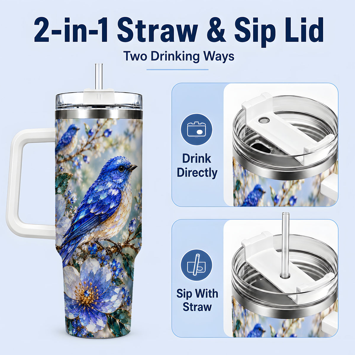 #pl[40oz|White] Blue Bird Blossom Floral Garden 40oz Tumbler Artwork for Bird Lovers