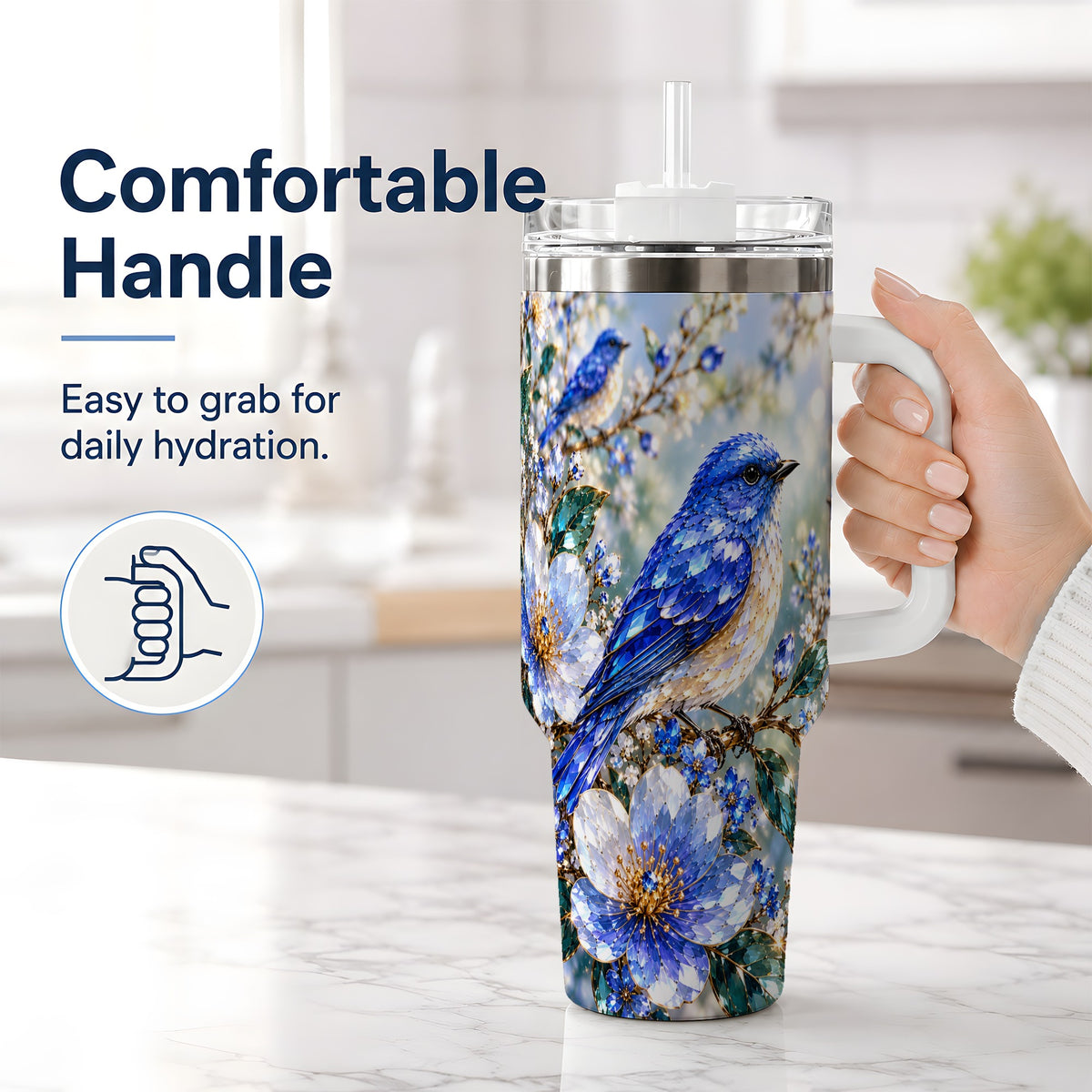 #pl[40oz|White] Blue Bird Blossom Floral Garden 40oz Tumbler Artwork for Bird Lovers