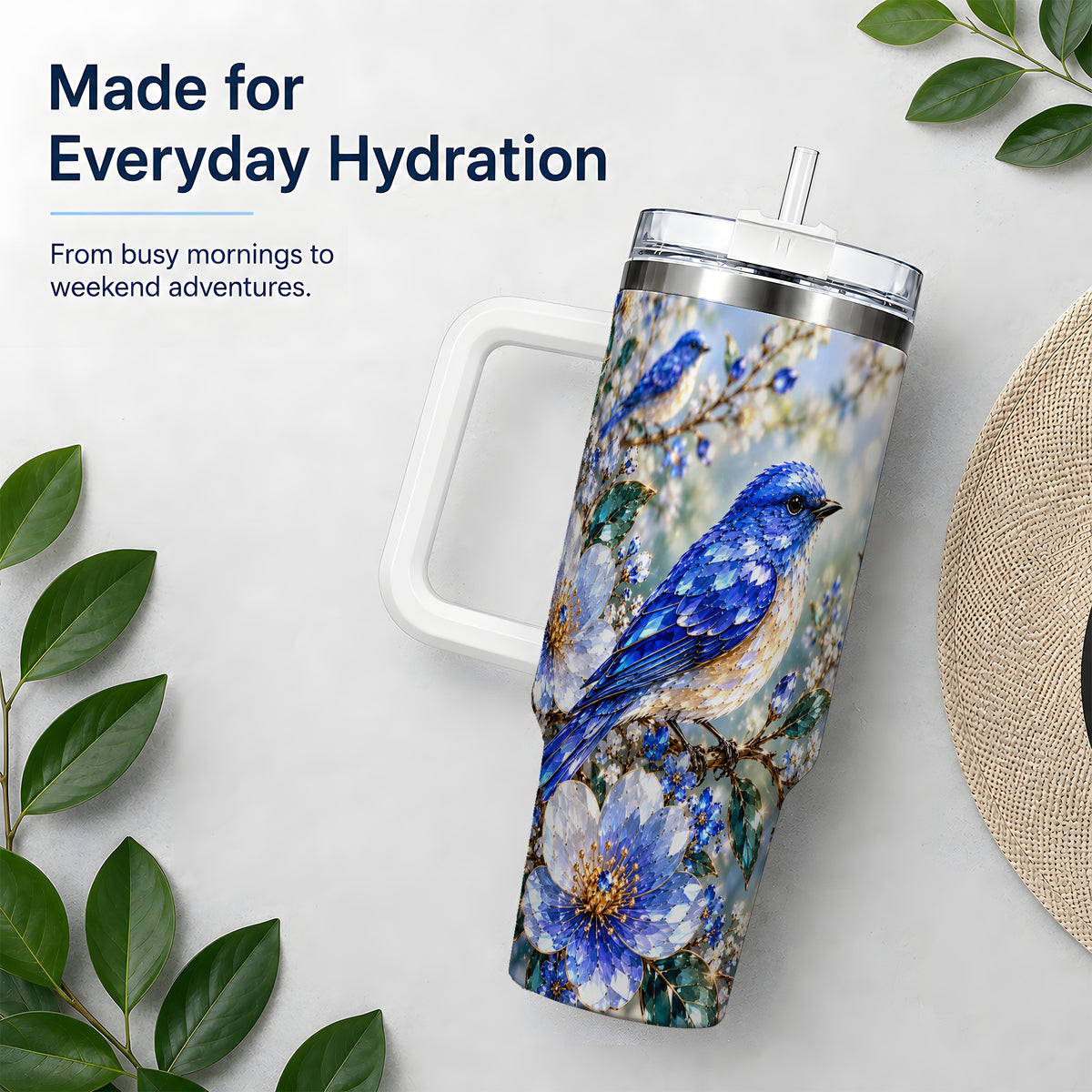 Blue Bird Blossom Floral Garden 40oz Tumbler Artwork for Bird Lovers